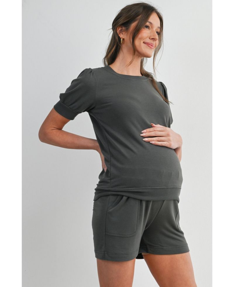 Maternity French Terry Lounge Set - Puff Sleeve Top and Shorts with Pockets