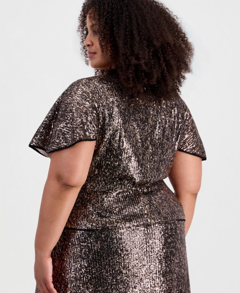 Plus Size Sequined V-Neck Dolman-Sleeve Top