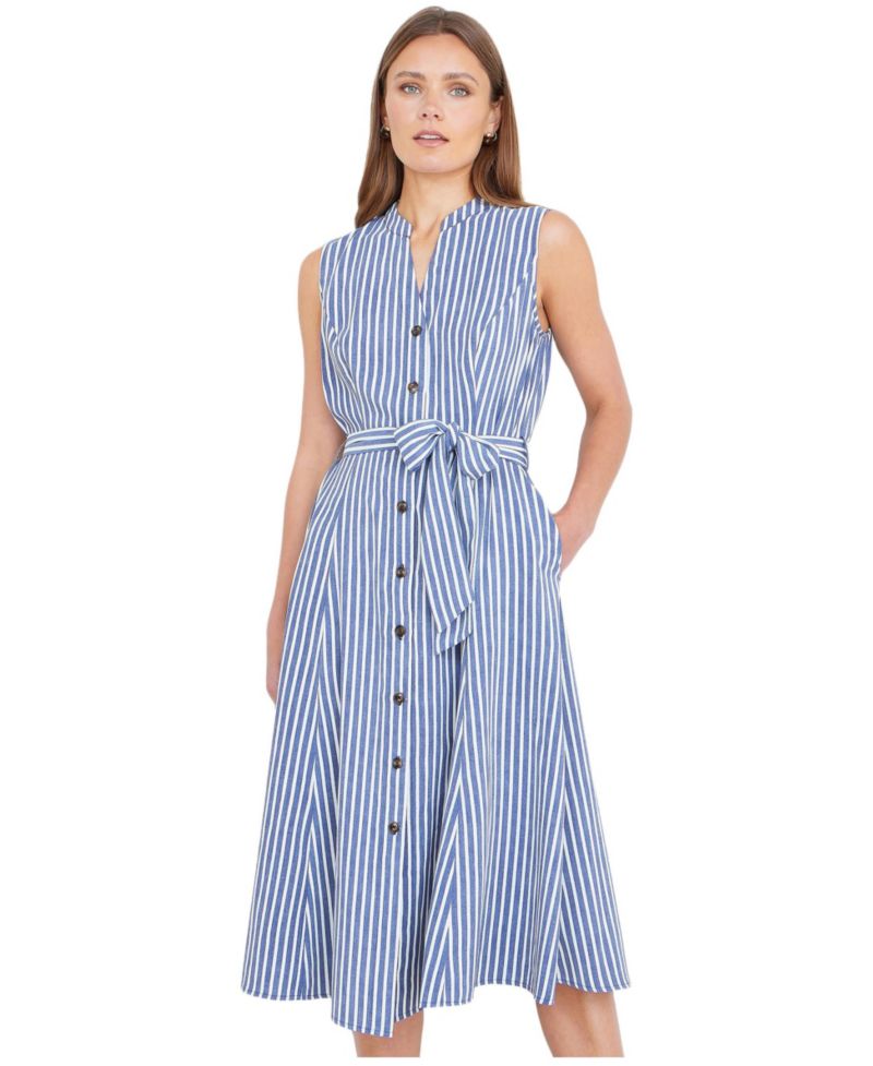 Women's Stripe Midi Sleeveless Shirt Dress
