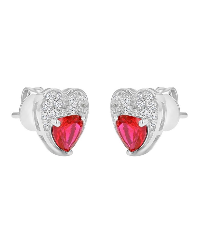 Created White Sapphire and Ruby Paved Heart Stud Earrings in Rhodium Over Sterling Silver