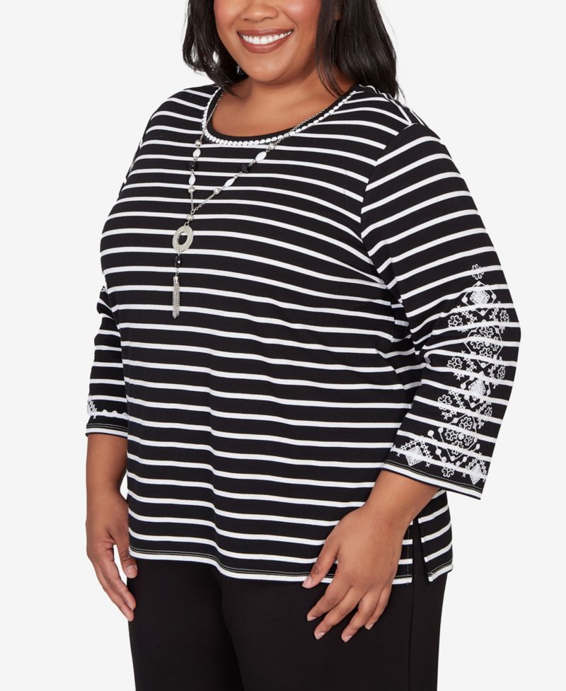 Plus Size Classic Pinstripe Embroidered Sleeve Top with Necklace