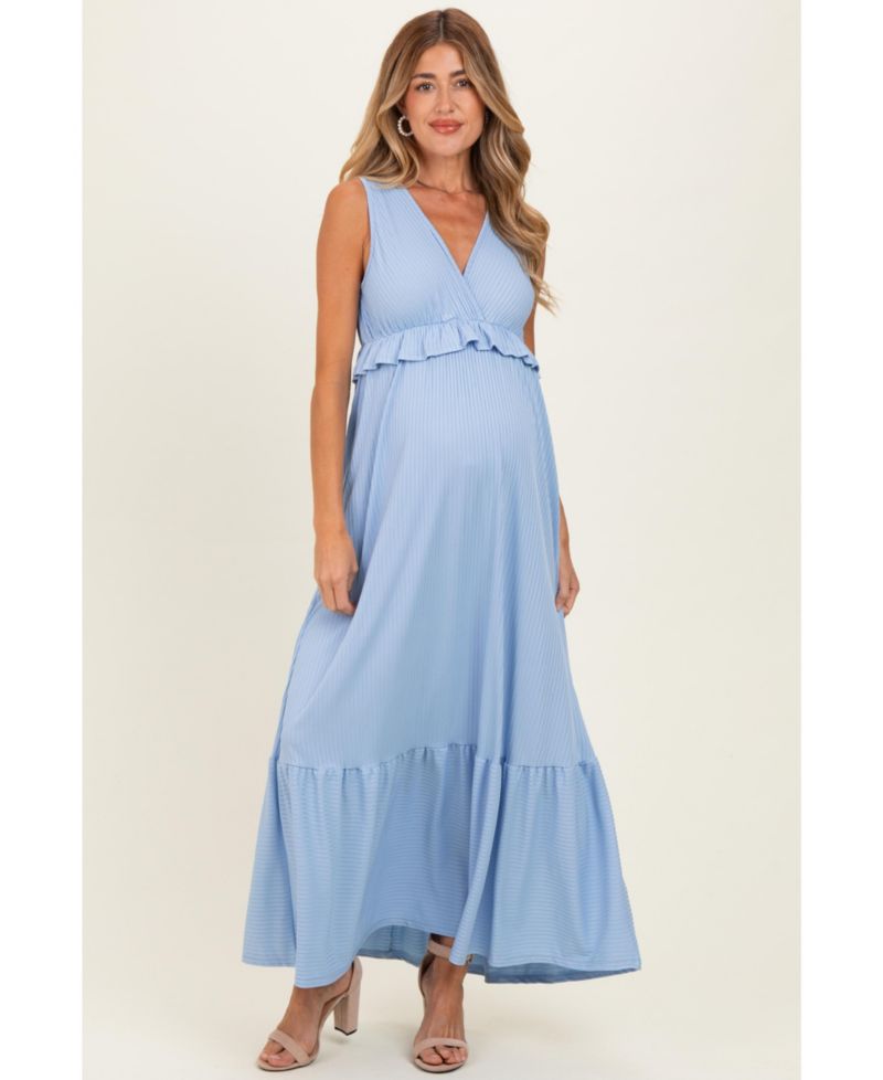Women's Light Blue Ribbed Sleeveless V-Neck Ruffle Tiered Maxi Dress