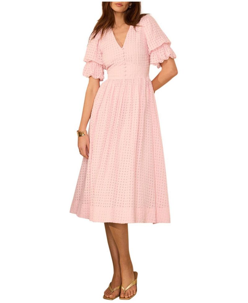 Women's Checked Puff-Sleeve V-Neck Midi Dress