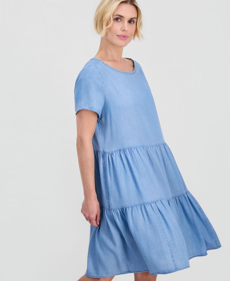 Petite Round-Neck Tiered Short-Sleeve Dress