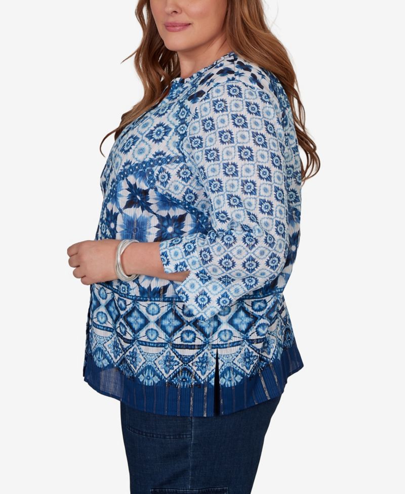 Plus Size Ikat Tie-Dye Patchwork Henley Top