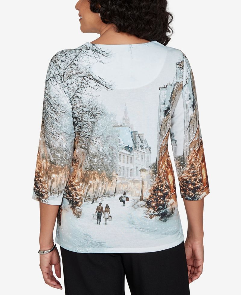 Petite Classic Christmas In The City Holiday Embellished Print Knit Top