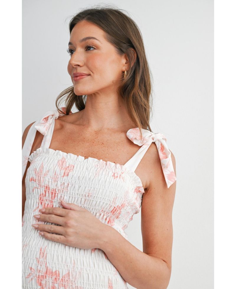Women's Bodycon Floral Smocked Midi Dress with Adjustable Tie Straps