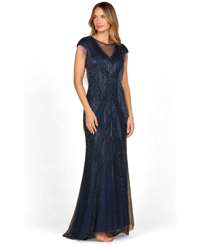 Women's Beaded Fringe V-Neckline Dress with Cap Sleeves
