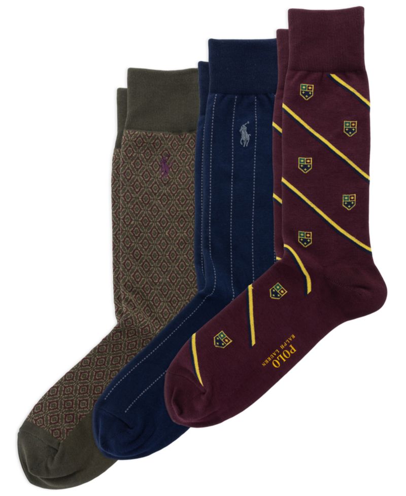 Men's Novelty Slack Striped Cotton-Blend Embroidered Pony Crew Socks, 3-Pack