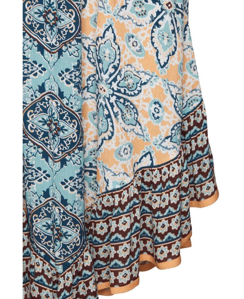 Women's Viscose Printed Smocked Bodice Strapless A-Line Midi Dress