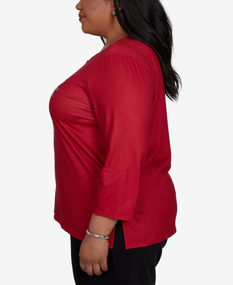 Plus Size Christmas Tree 3/4-Sleeve Braided Neck Top