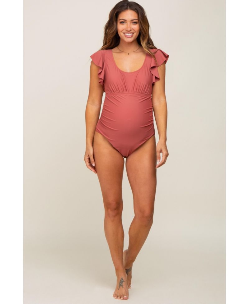 Women's Rust Ruffle Shoulder Pleated Side One Piece Swimsuit