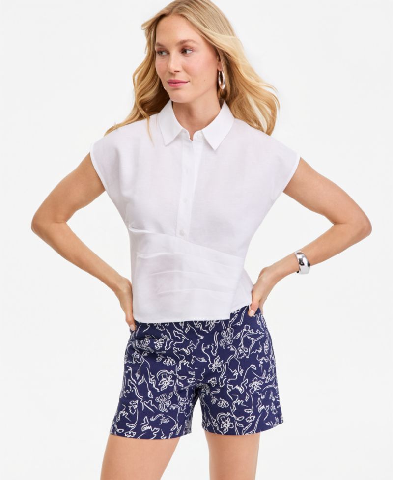 Women's Short Sleeve Linen-Blend Wrap Blouse
