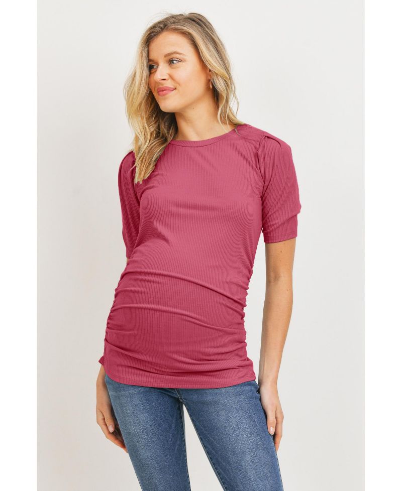 Maternity Ribbed Ruched Short Sleeve Puff Top