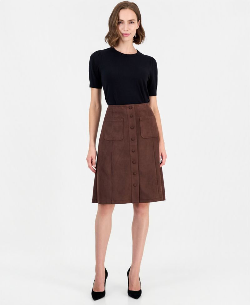 Women's High-Waisted Midi A-Line Faux Suede Skirt