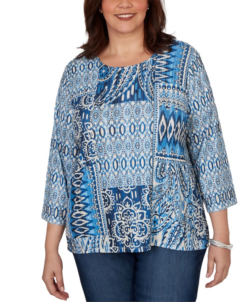 Plus Size Medallion Navy Patchwork Knit Top