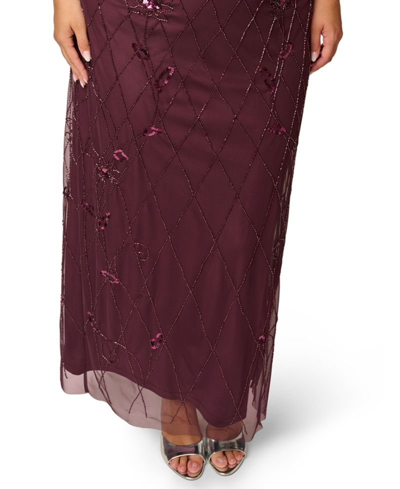 Plus Size Bead Blouson Sequin Short-Sleeve Boat Neck Gown