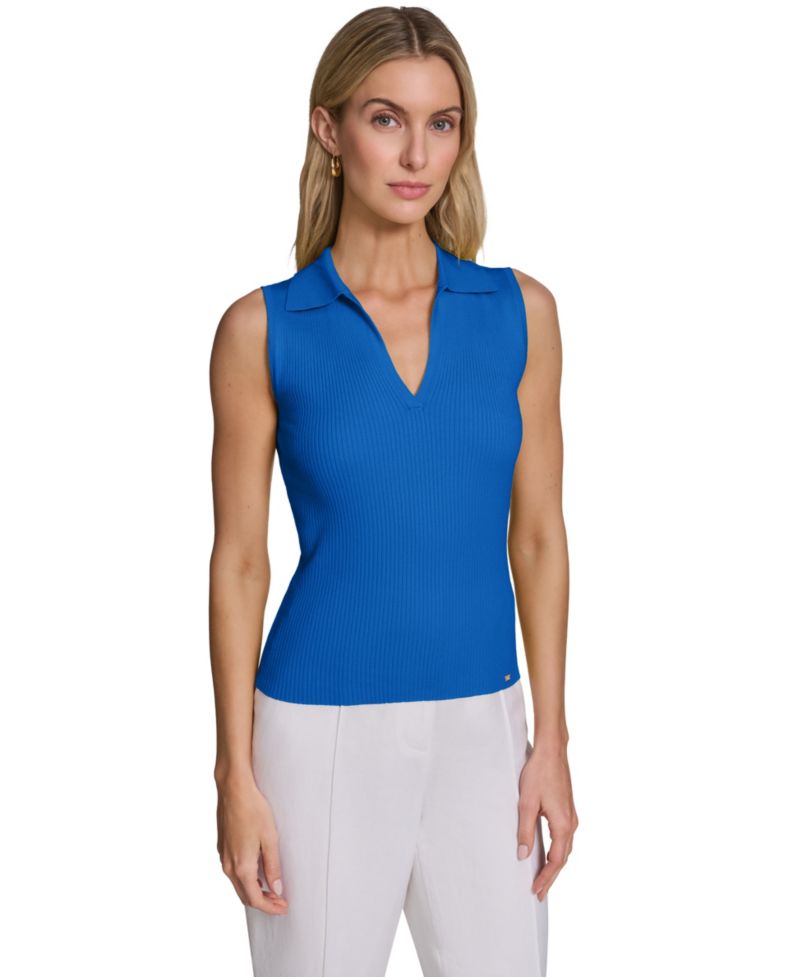 Women's Sleeveless Collared V-Neck Sweater