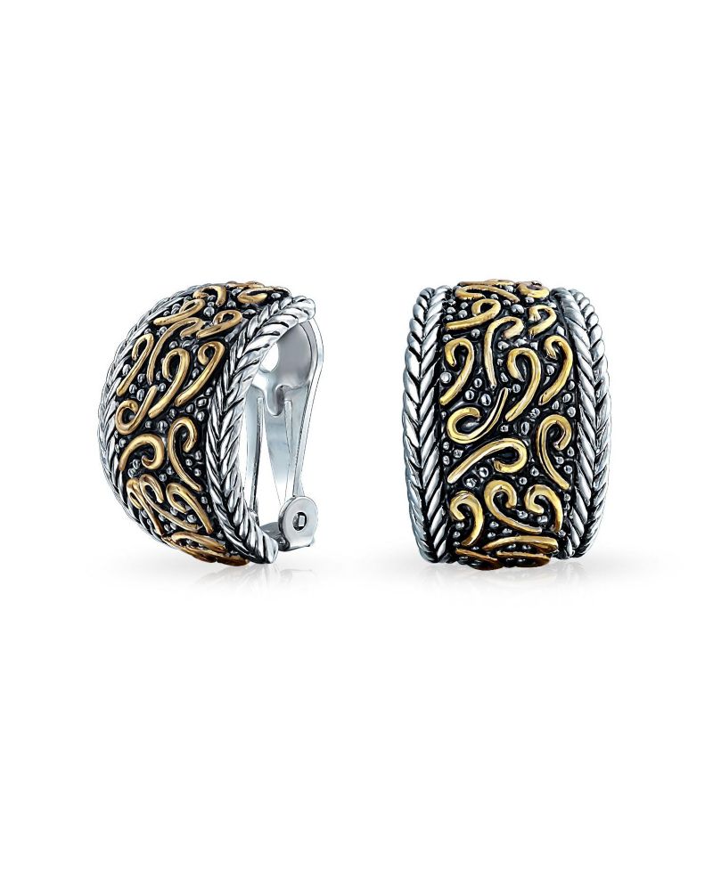 Bali Style Swirl 2-Tone Clip On Earrings Black Oxidized Silver Gold Plated