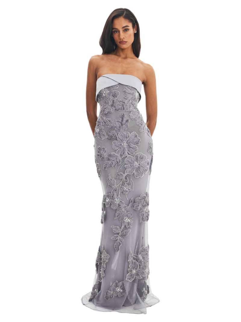 Women's Raphaela Silver Beaded Floral Strapless Mermaid Maxi Dress
