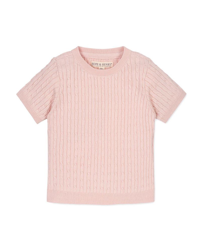 Hope and Henry Little and Big Girls' Organic Short Sleeve Cable Sweater