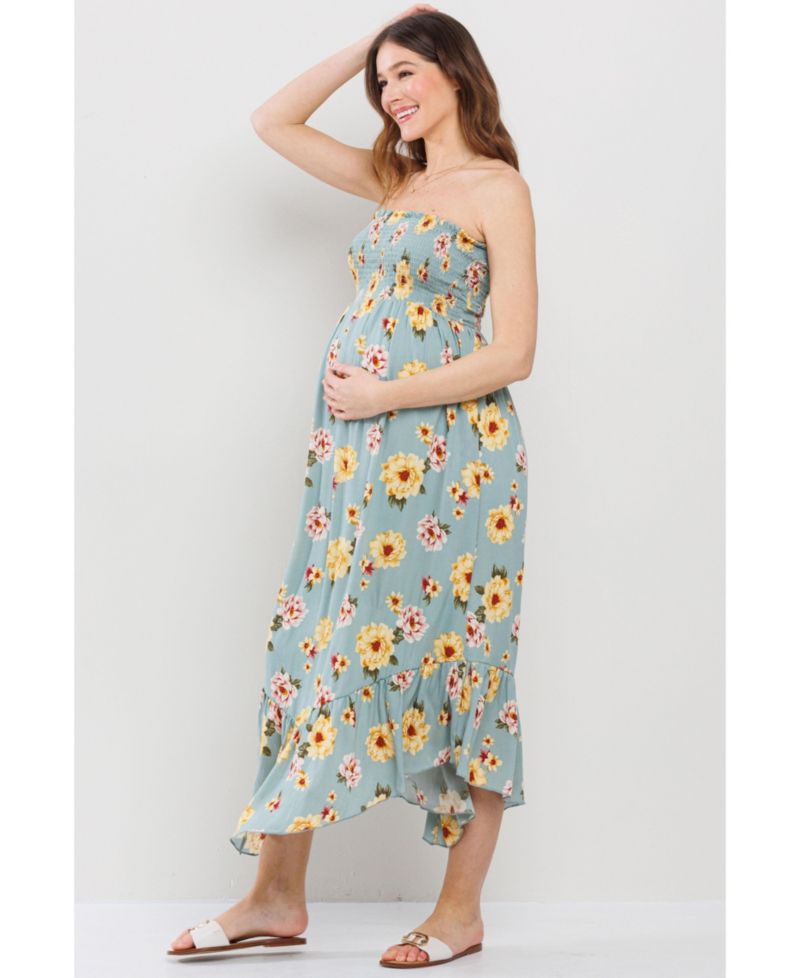 Maternity Floral Smocked Strapless Midi Dress