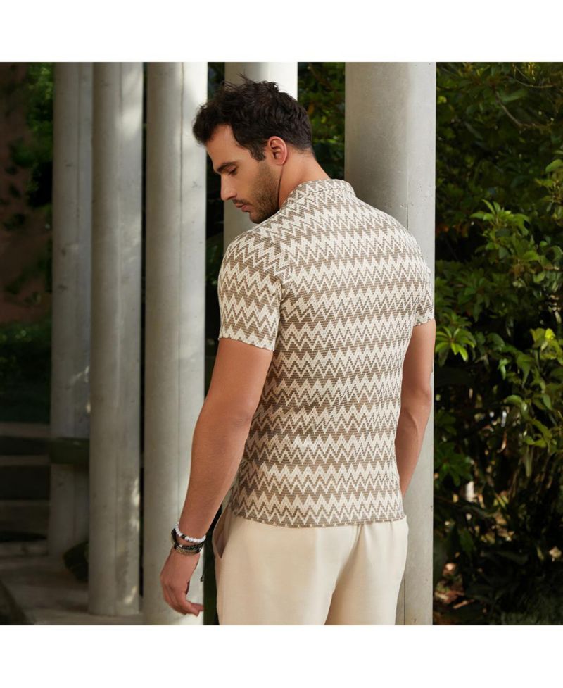 Men's French Beige and Off White Zig-Zag Knit Polo T-Shirt