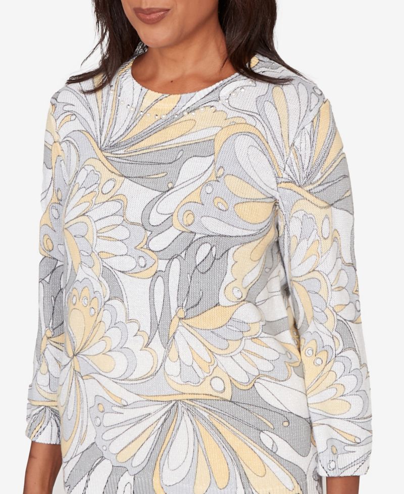 Petite Al Fresco Abstract Butterfly Ribbed Crew Neck Sweater