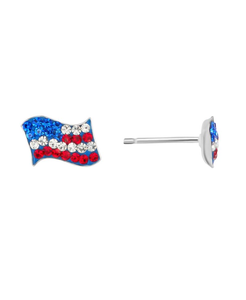 Sterling Silver Crystal Pave American Flag Stud Earrings