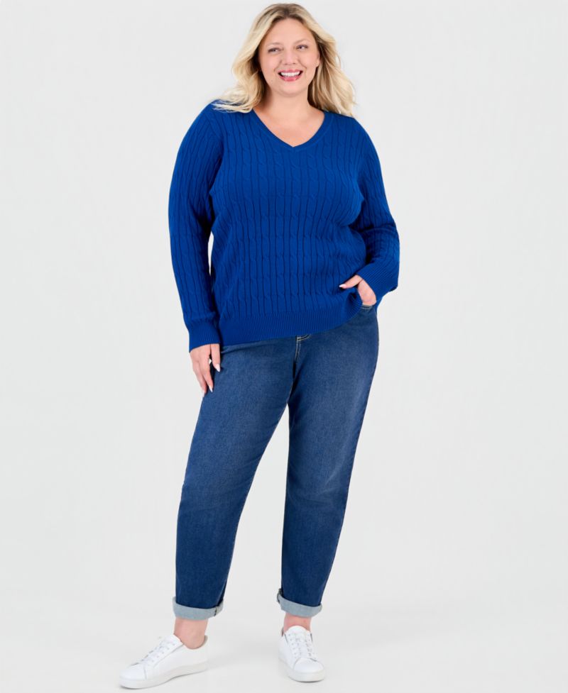 Petite Cotton Cable-Knit V-Neck Sweater