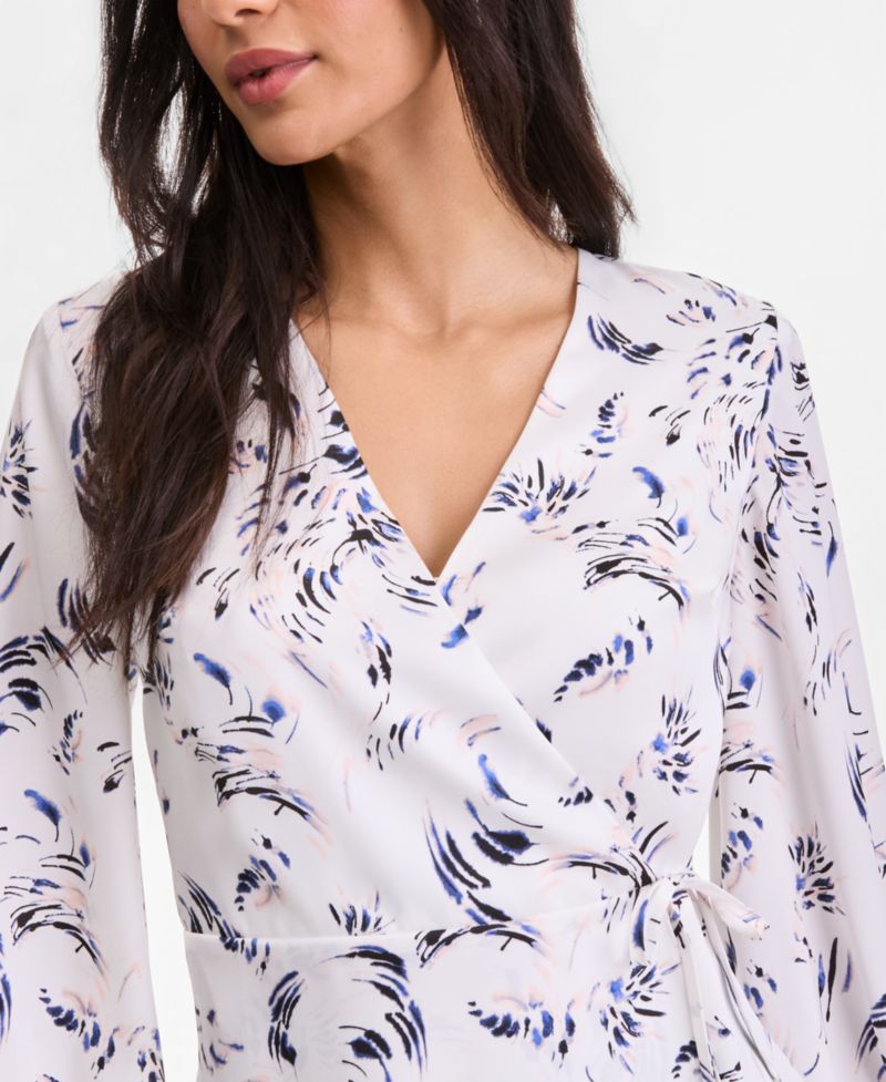 Women's Printed Blouson-Sleeve Wrap Blouse