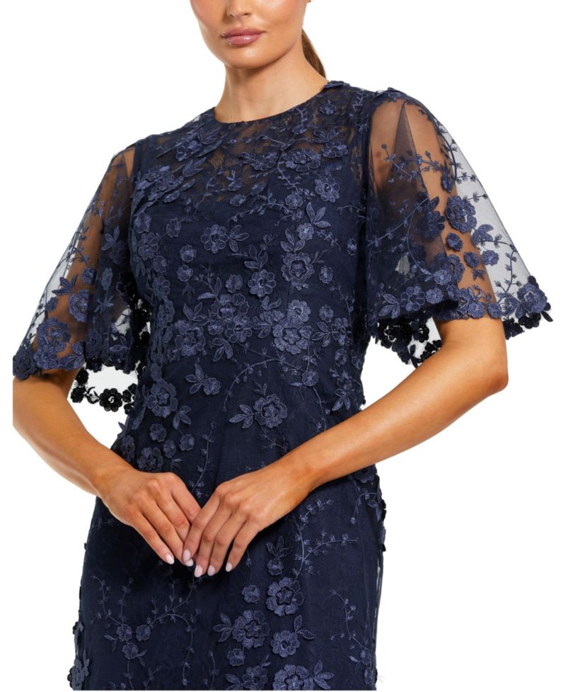 Petite Flutter Sleeve Floral Embroidered Net Gown