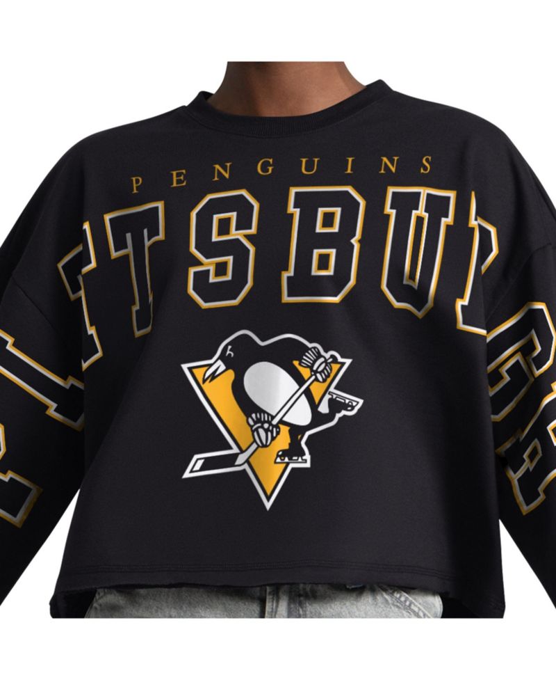 Women's Black Pittsburgh Penguins Bleachers Cropped Drop Shoulder Sweatshirt