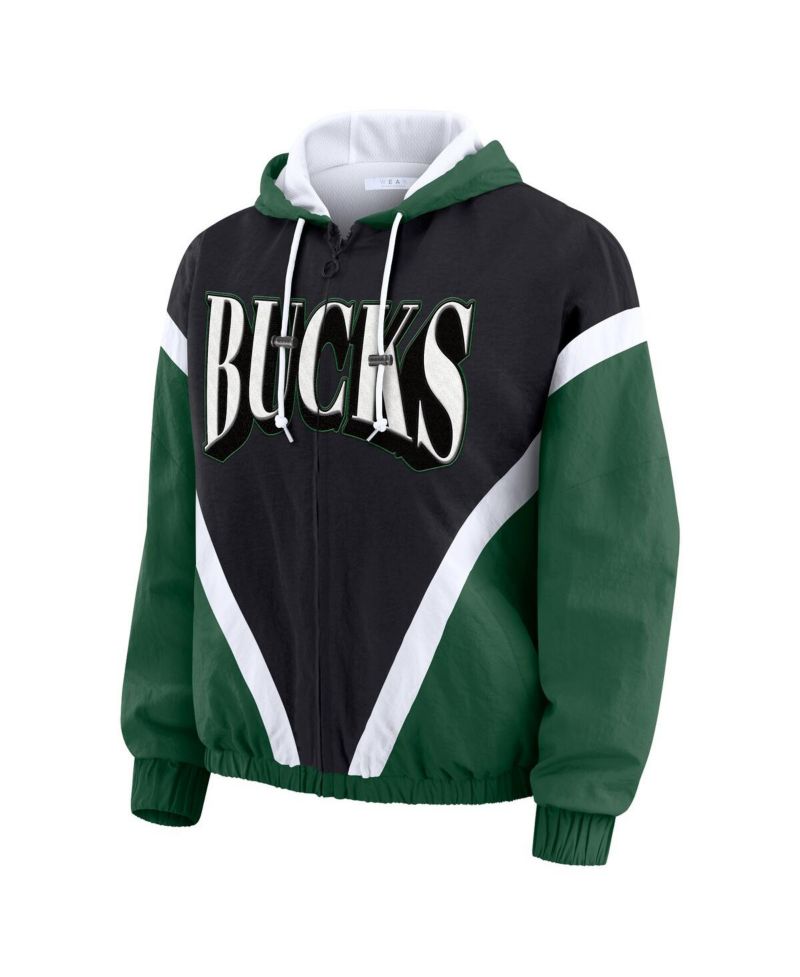 Women's Black/Hunter Green Milwaukee Bucks Color Block Full-Zip Hoodie Windbreaker Jacket