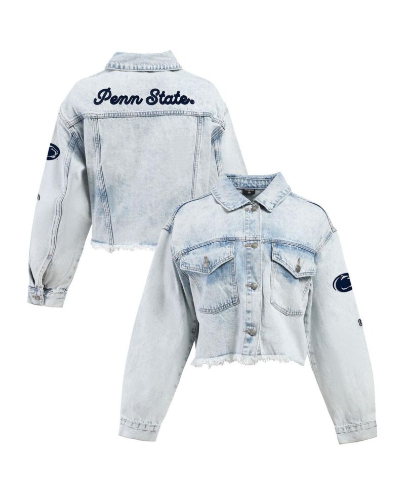 Women's Denim Penn State Nittany Lions Light Wash Cropped Button-Up Jean Jacket