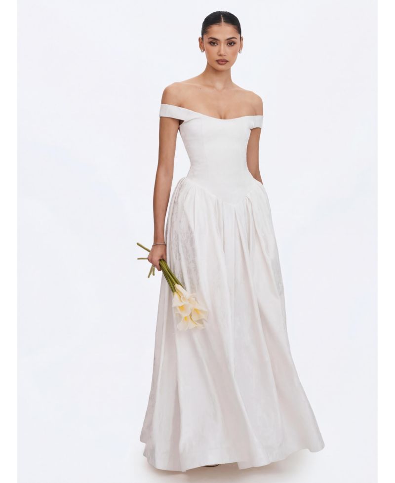 Women's Tinsley White Jacquard Bardot Wedding Gown