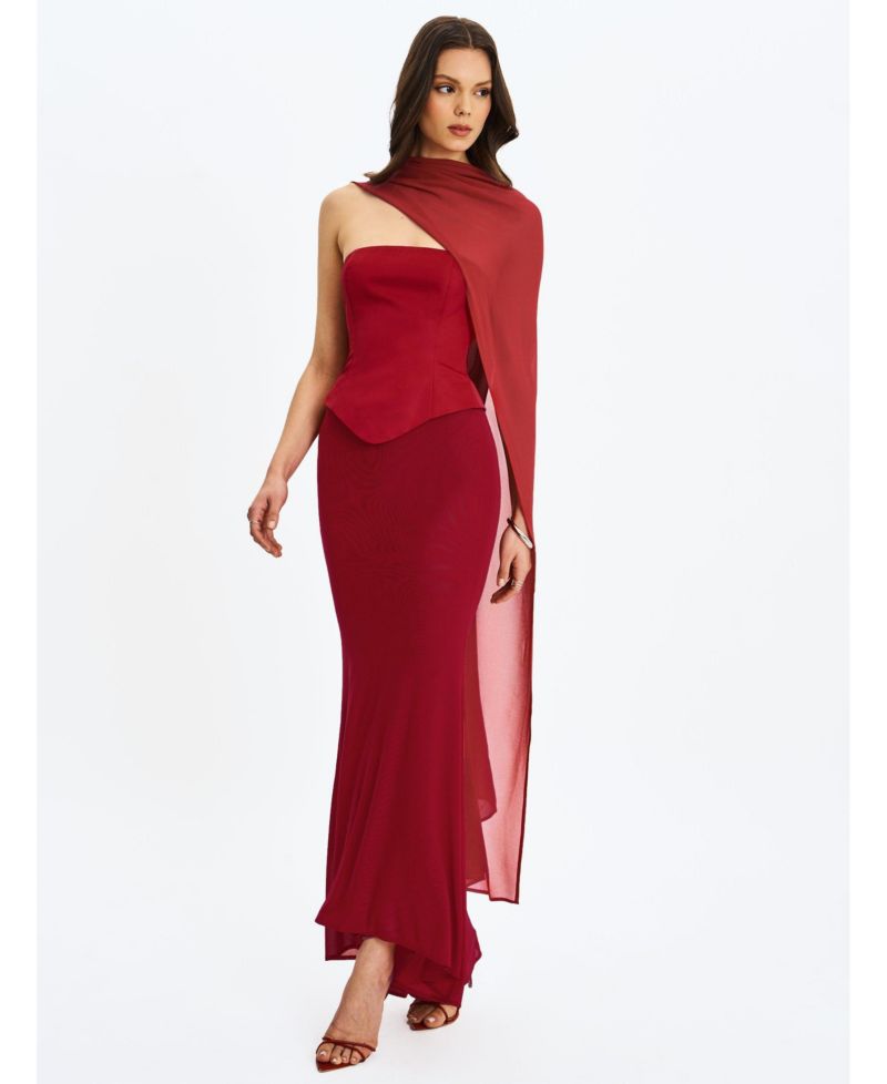 Women's Giselle Crimson Peplum Mermaid Gown with Chiffon Scarf
