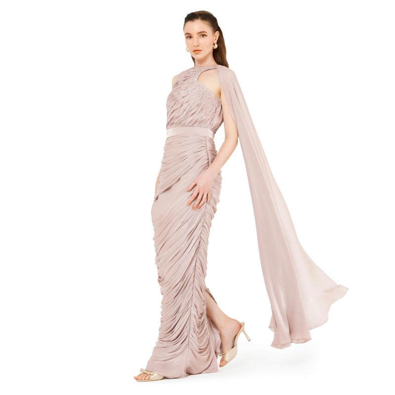 Asymmetric Cutout Ruched Dress With Single Cape Sleeve