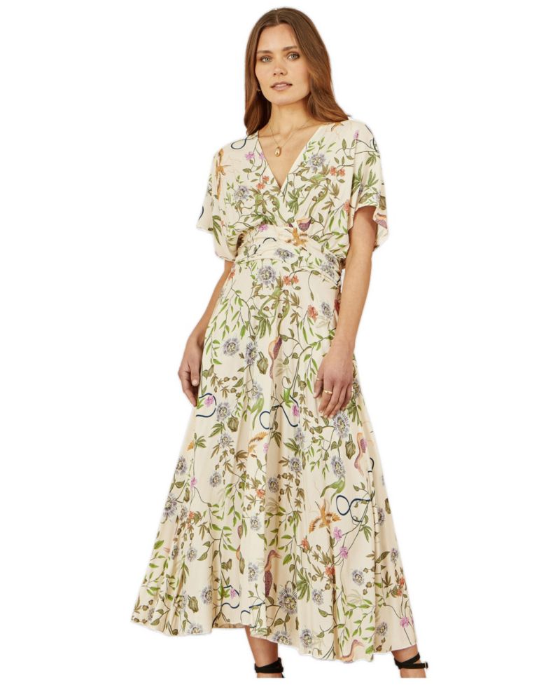 Women's Floral Print Ruched Waist Midi Dress