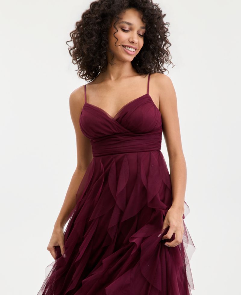 Juniors' Strappy V-Neck Lace Ball Gown