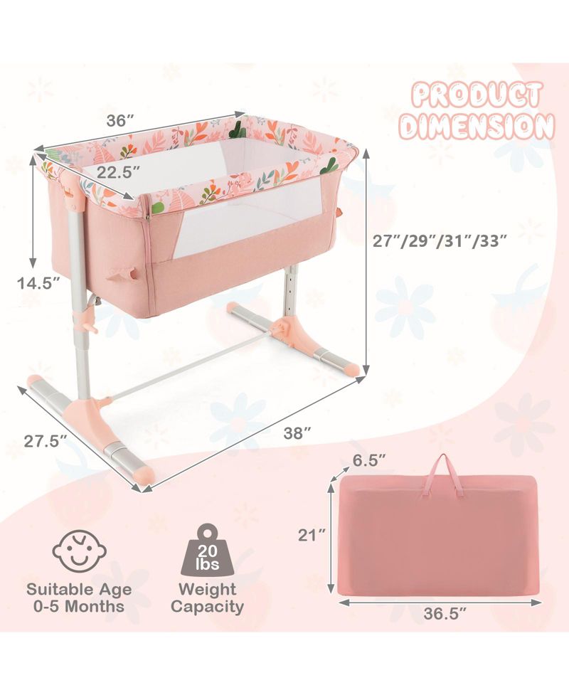 Folding Baby Bassinet Bedside Sleeper with 4 Adjustable Heights-Pink