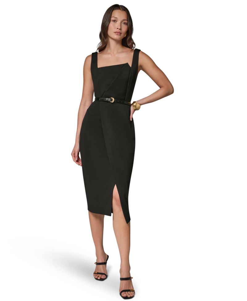 Women's Sleeveless Asymmetrical Neck Midi Sheath Dress with Belt