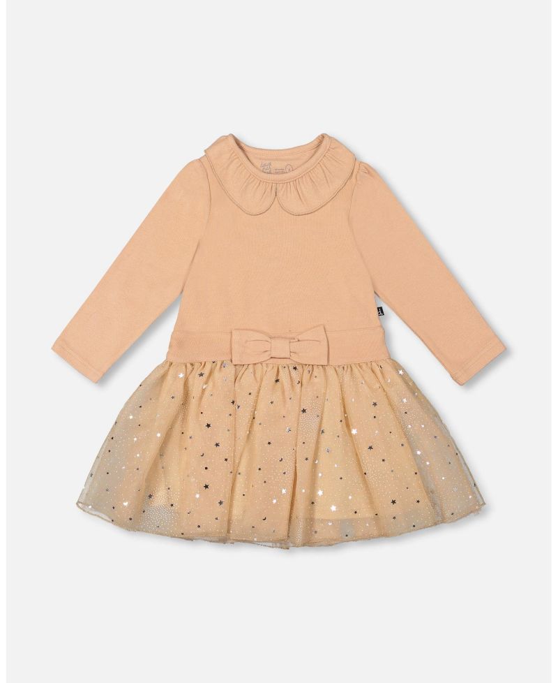 Baby Girl Bi-Material Dress with Glittering Skirt Beige - Baby
