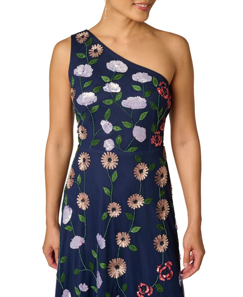 Women's One-Shoulder Floral Garden Beaded Gown
