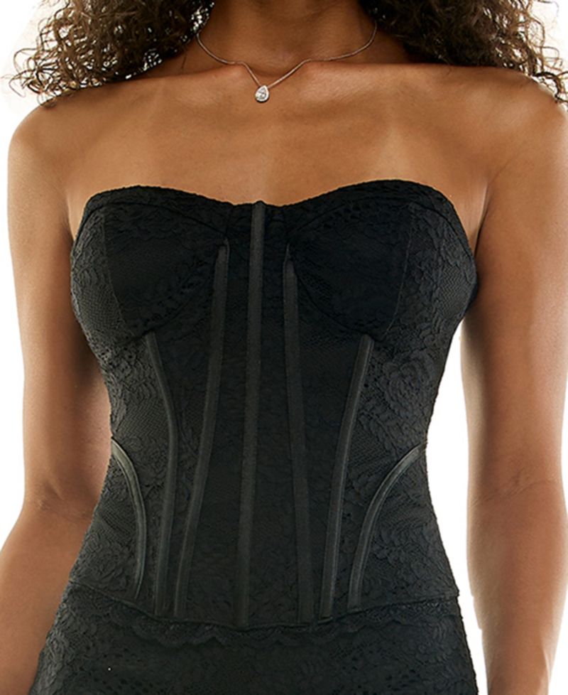 Juniors' Strapless Sweetheart Neck Lace Corset Midi Dress