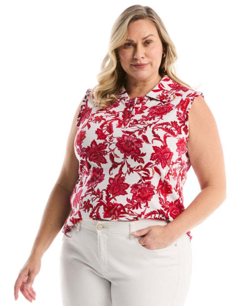 Plus Size Botanical Print Ruffle Trim Sleeveless Polo Shirt
