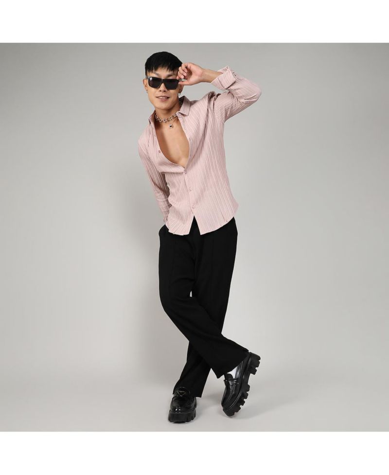 Men's Blush Pink Self-Design Striped Shirt