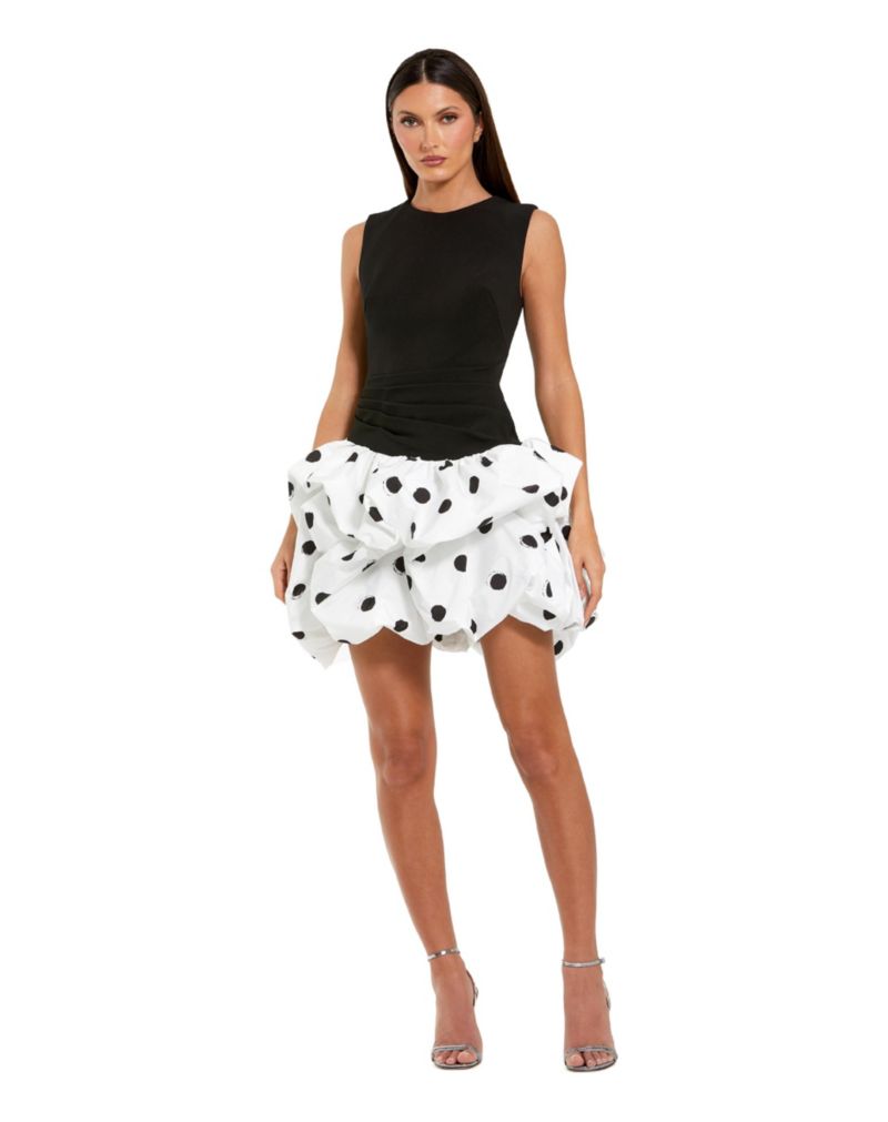 Women's Sleeveless Crepe Mini Dress With Polka Dot Skirt