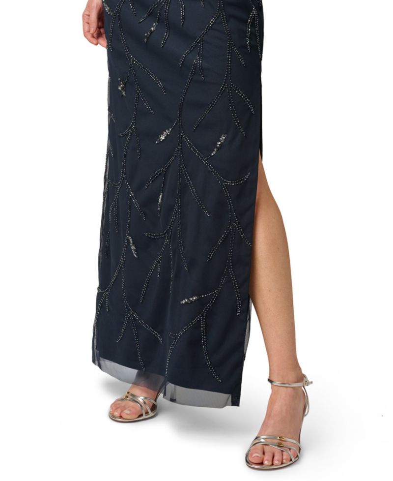 Women's Bead Mesh Illusion Boat Neck Gown