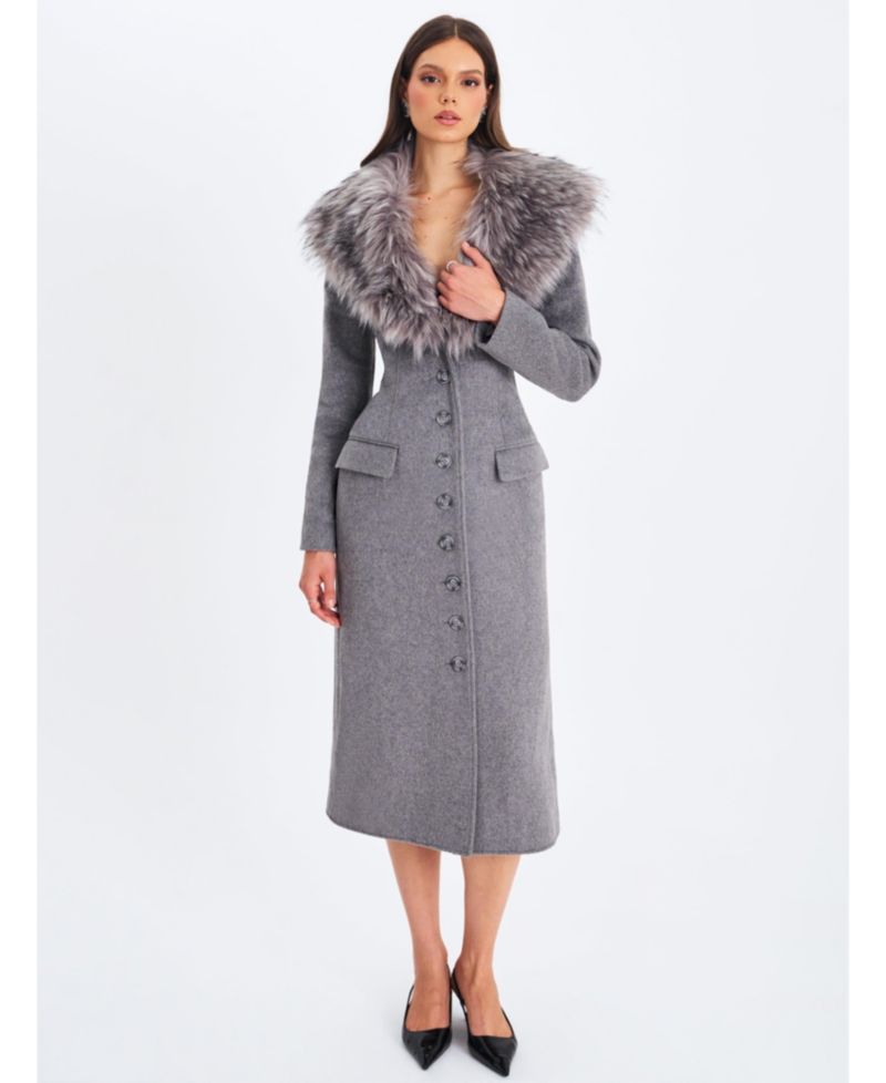 Women's Faye Grey Wool Blend Single-Breasted Coat with Removable Faux Fur Collar